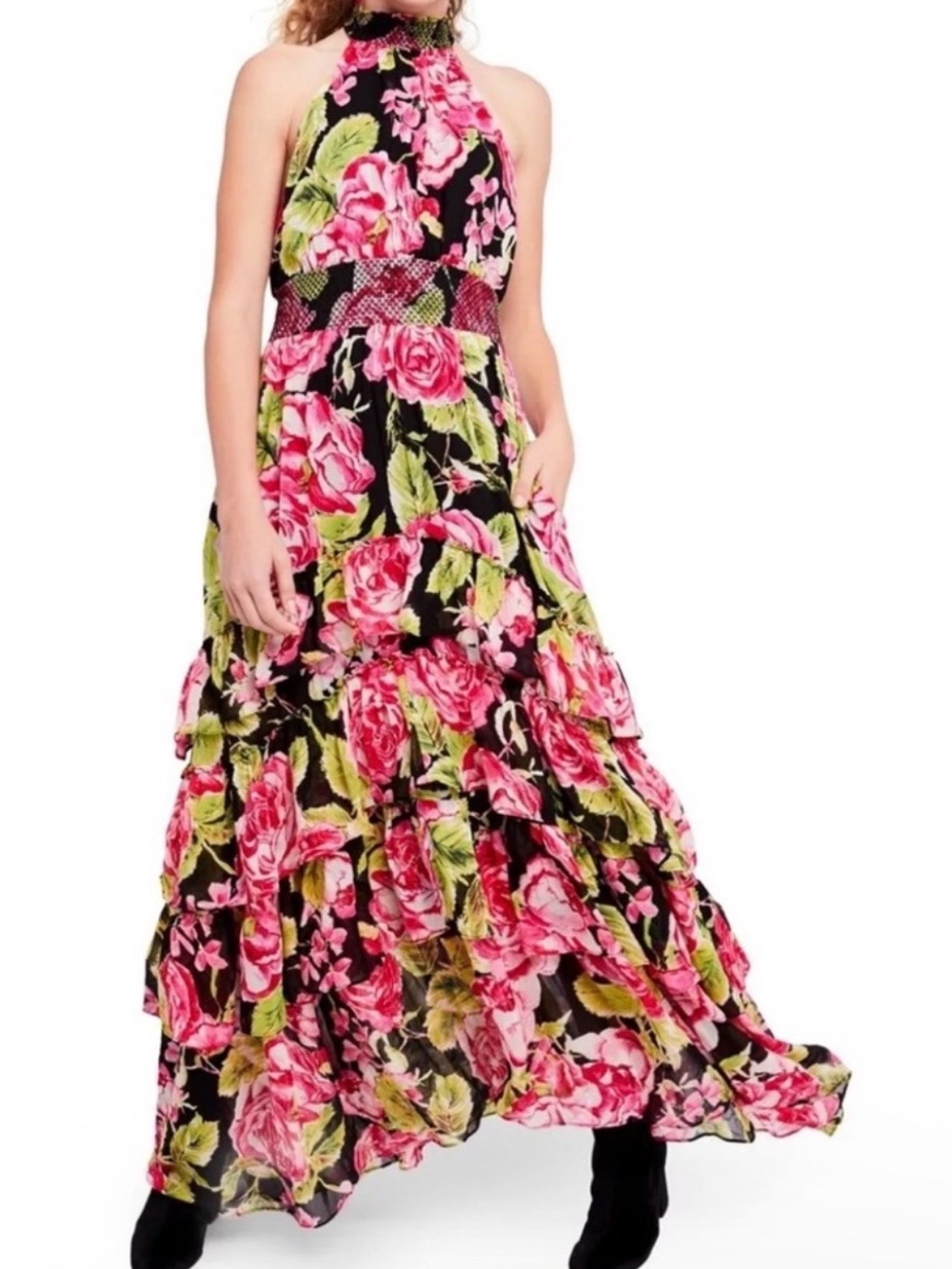 Free People In Full Bloom Floral Tiered Halter Maxi Dress size M - Picture 5 of 9